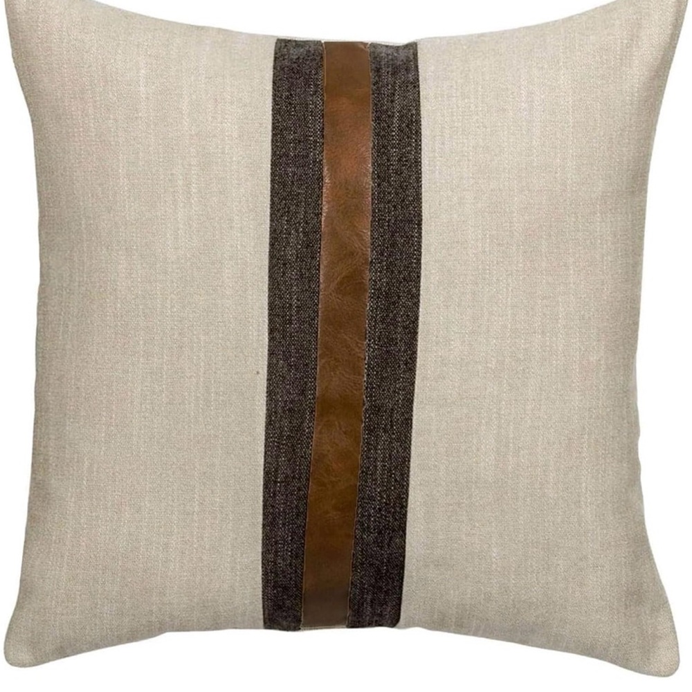 Boysum brand throw pillow cover with faux leather stripe. 18’ x 18’